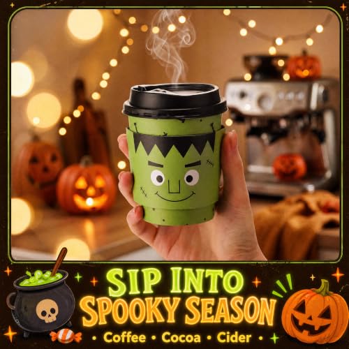 Halloween Disposable Coffee Cups with Lids & Sleeves - 8 oz Bulk Set