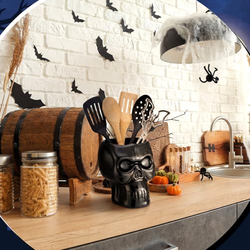 Ceramic Skull Utensil Holder - Gothic Kitchen Accessories, Black & Skull Variation