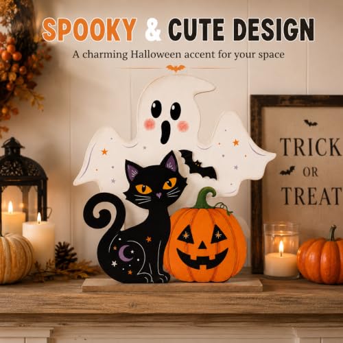 Halloween Wooden Decor Set - Ghost, Black Cat & Pumpkin Farmhouse Table Centerpieces