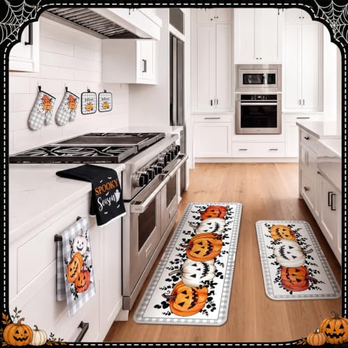 Halloween Pumpkin Kitchen Decor Set - Black & Gray, Towels, Pot Holders & Oven Mitts