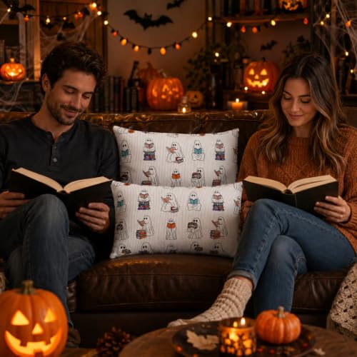 Halloween Ghost Pillow Cover 12x20 Set of 2 - Reading Book Design, Plush Cotton, Fall Decor, Ghost Variation