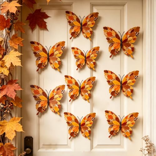 Fall 3D Butterfly Wall Stickers - 12 Pack Autumn Maple Leaf Decor for Halloween Thanksgiving