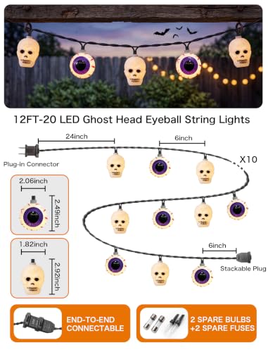 Halloween Ghost Eyeball & Skull String Lights - 12FT, 20 LED Outdoor Decor - Variation of Ghost Eyeball Lights
