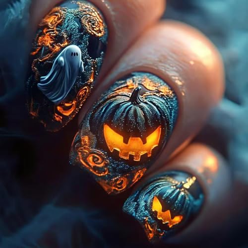 Halloween Press On Nails Short Square Style11 - Pumpkin Ghost Magma Spooky Design