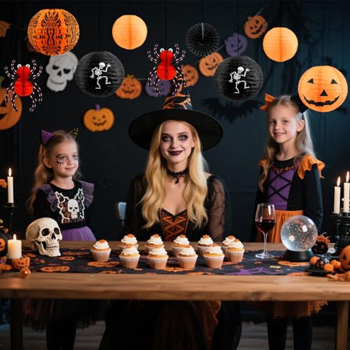 Halloween Hanging Decorations Set - Jack-o'-Lanterns Spider Skeleton Paper Lanterns - Classic Set