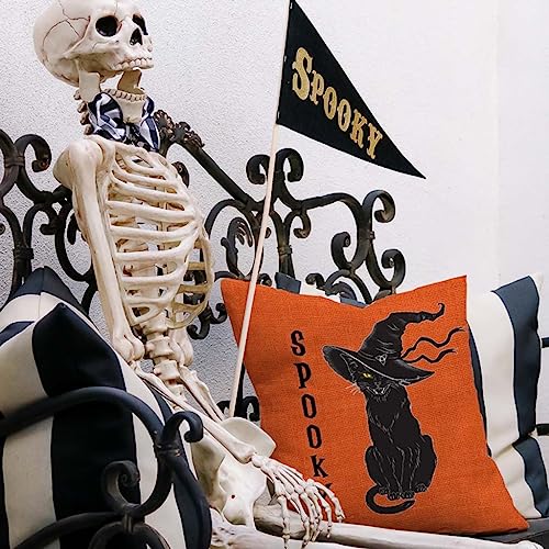 Halloween Black Cat Throw Pillow Cover 18x18 Spooky Farmhouse Decor
