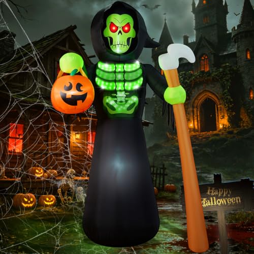 8FT Tall Halloween Inflatable Grim Reaper Skeleton Ghost with Lightshow - Waterproof Yard Decoration