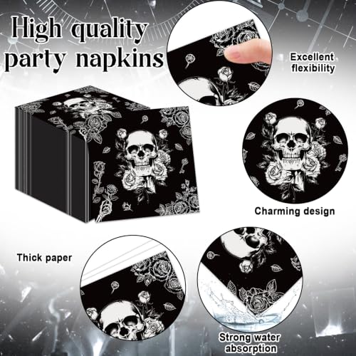Gothic Birthday Party Plates and Napkins Set - Black & White Skull Design