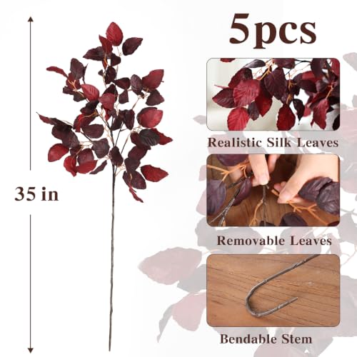 Artificial Fagus Stems - Burgundy Silk Leaves 35 Inch Bulk Fall Decor for Centerpieces
