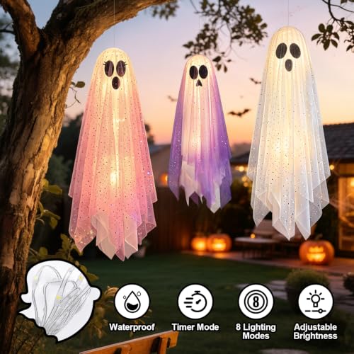 Halloween Ghost String Lights 3-Piece Outdoor Indoor Decor with 8 Lighting Modes