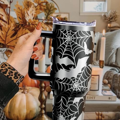 Halloween Spider Web Bats 40 oz Tumbler with Lid Handle & Straw - Variation of THIS listing
