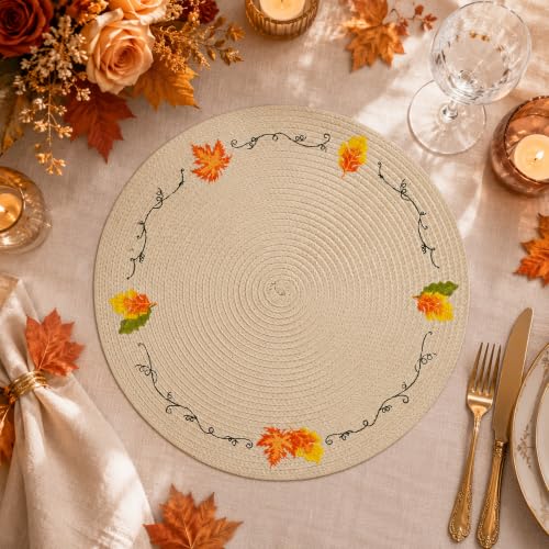 Fall Leaf Embroidered Round Placemats Set of 4 - Yellow & Beige Autumn Decor