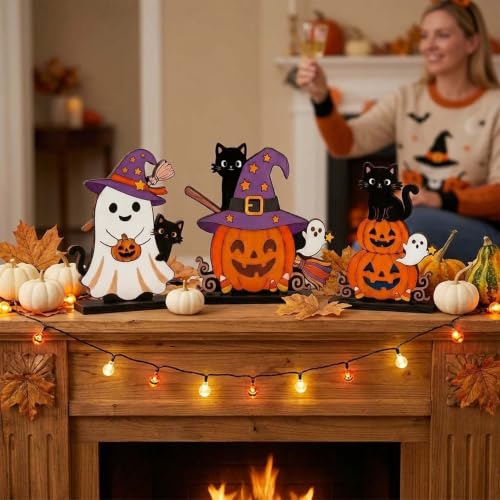 Halloween Wooden Tabletop Signs Set - Ghost Pumpkin Black Cat Spooky Cute Desk Decor