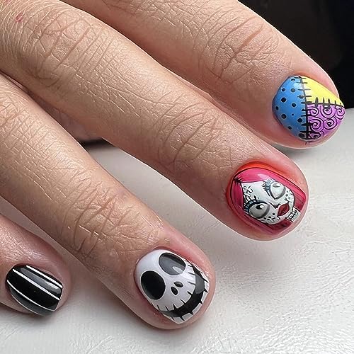 Halloween Short Press-On Nails with Witch Patch & Scary Face Design - Style14, 24pcs