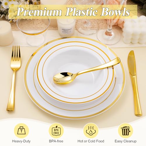 Disposable Soup Bowls with Gold Rim - 200 Pack, Heavy Duty, 12oz