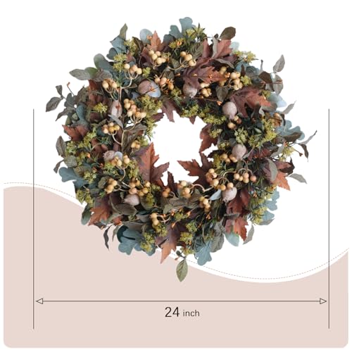 24-Inch Autumn Wreath with Maple Leaves and White Fruits for Fall Home Decor