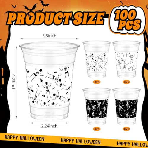 Halloween Skeleton Plastic Cups 12 oz - 100 Pack, Black & White Variation