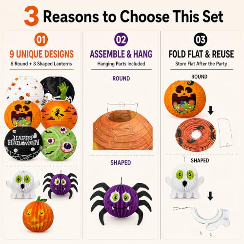 Halloween Paper Lanterns Set with 3D Shapes and Spooky Patterns - Indoor Outdoor Decor