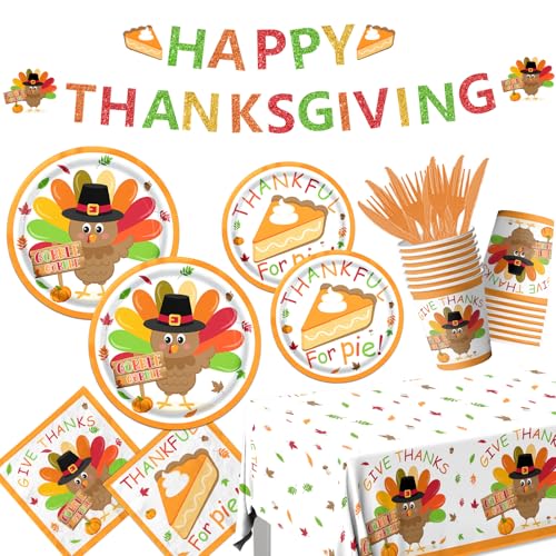 Thanksgiving Party Tableware Set - 142pcs Turkey Plates Napkins Cups Decor