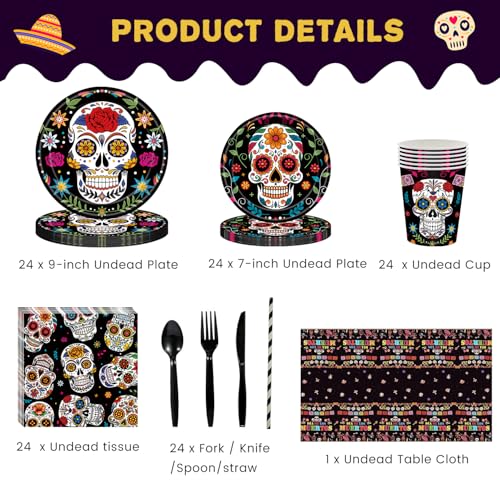 Black Dia de los Muertos Party Supplies Set - Skull Decorations for Mexican Fiesta, Halloween & Birthday