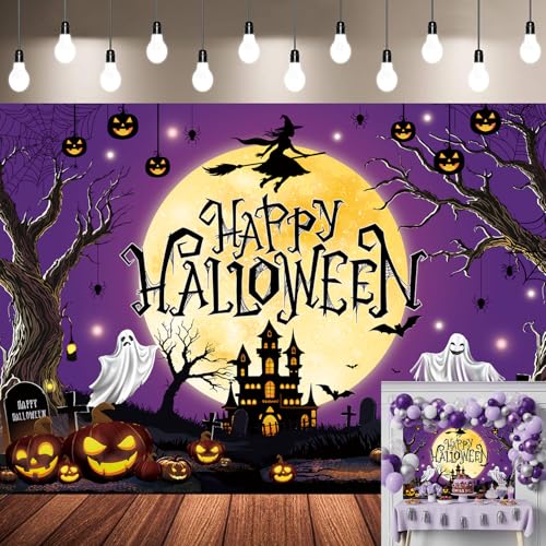 Halloween Backdrop Purple Moon Night Witch Castle Pumpkin Graveyard 8x6FT - Kids & Adults Party Decoration