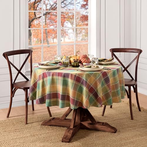 Autumn Acres Plaid Round Tablecloth 70x70 Inches - Fall Harvest Decor
