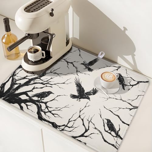 Halloween Crows Dish Drying Mat for Kitchen Counter Vintage Spooky Raven Pattern 24x18 Inches - Absorbent Microfiber Washable Drainer Pad