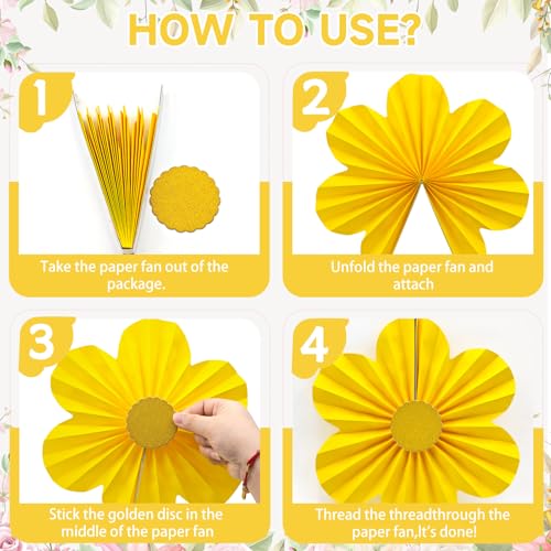 Yellow Party Decorations Paper Fans Set - Sunflower Theme Wall Decor, 12 Pieces