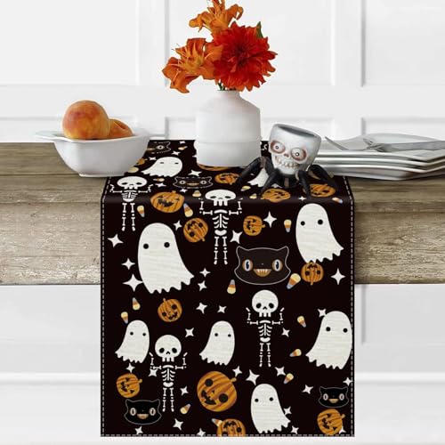 Halloween Black Cat Pumpkins Table Runner 13x120 Inch Seasonal Kitchen Decor