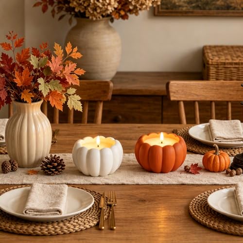 Flameless Pumpkin Candles Set - Terracotta & Plaster White, Fall Decor, LED Safe Candle Set