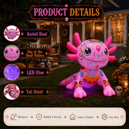 4FT Inflatable Halloween Axolotl Decor with LED Lights for Day of the Dead & Halloween
