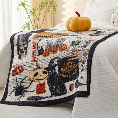 Halloween Throw Blanket Black Cat Pumpkin Spider Skull 50x60 Reversible Decor