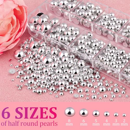 A21 Silver Flatback Nail Pearls Set - 6 Sizes for Nail Art & Crafts