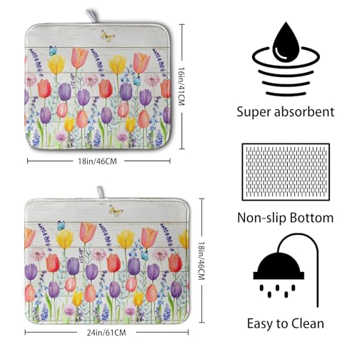 Spring Tulip Floral Dish Drying Mat - Reversible Watercolor Kitchen Counter Protector 18x24 Inch