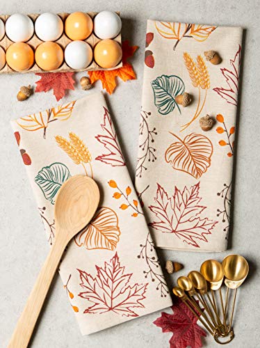 Fall Kitchen Towels Set - Autumn Leaves Cotton Dish Towels 18x28 - 2 Pack