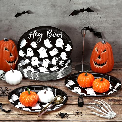 Hey Boo Halloween Paper Plates 11 Inch Ghost Oval Disposable Party Tableware - 50 Pack