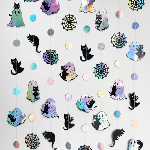 Iridescent Ghost Black Cat Halloween Decorations Holographic Garland Banner - Iridescent Ghost Design