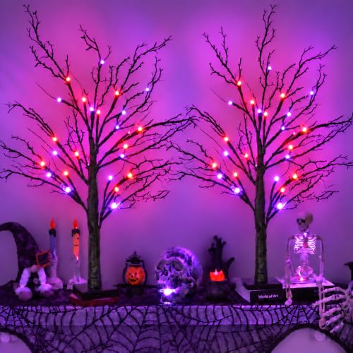 Halloween Lighted Artificial Tree Set B - 24 Inch Black Indoor Decor with Orange & Purple Lights