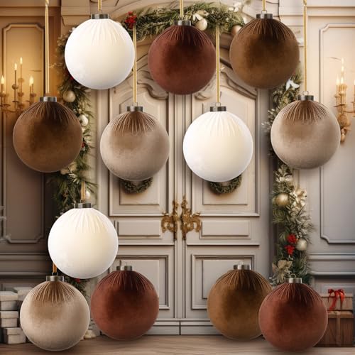 Velvet Christmas Ornaments Balls - 4 Inch Brown Shatterproof Holiday Decor - Set of 12