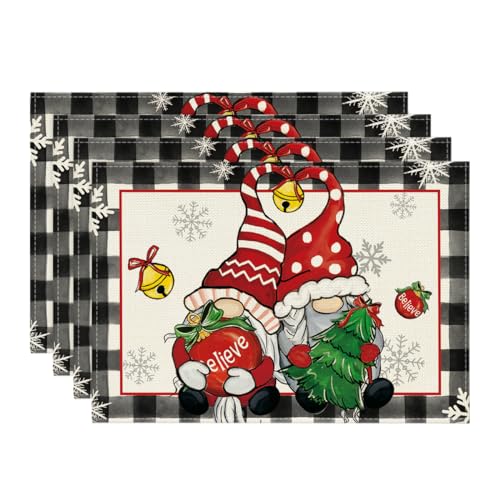 Buffalo Plaid Gnome Xmas Tree Place Mat Set with Table Runner - Holiday Decor