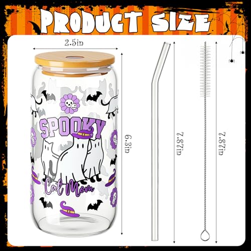 Halloween Ghost & Cat Glass Cup with Lid Straw & Brush 16 oz - Cute Spooky Drinkware