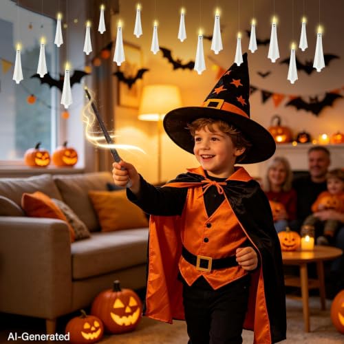 White 20 Pcs Halloween Ghost Flameless Floating Candles with Wand Remote Timer - Indoor & Outdoor Decor