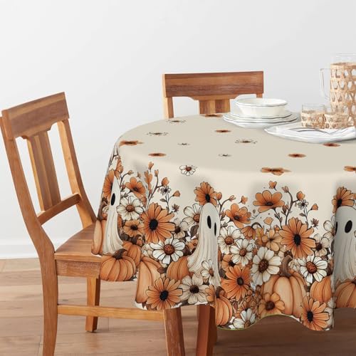 Halloween Tablecloth 90x90 Inch Round Ghost Pumpkin Orange - Beige Variation