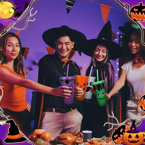 Halloween Plastic Cups with Lids & Straws - 24 oz, Purple & Orange, 12 Pack