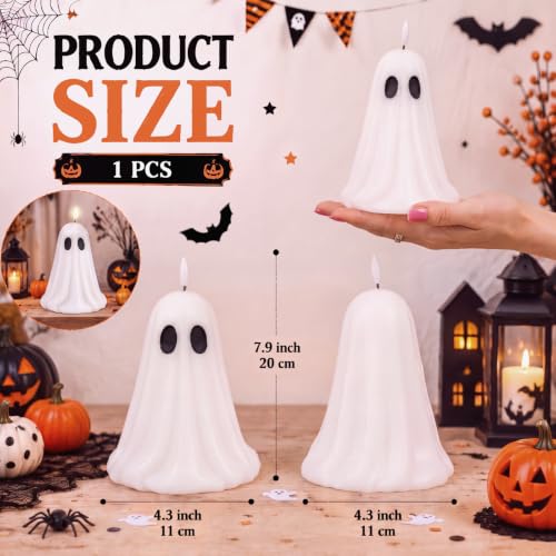 Large Ghost Flameless Candle with Timer - White Halloween LED Candle - 4.3 x 7.9 Inches