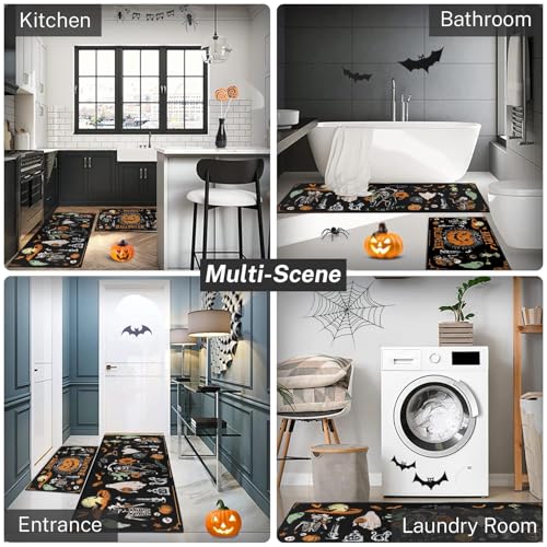 Retro Skeleton Halloween Ghost Kitchen Rugs Set of 2 - Black & White, Non-Slip, Easy Clean