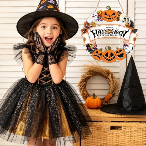 Halloween Wooden Wreath for Front Door - Spooky Decor with Ghosts Bats & Pumpkins