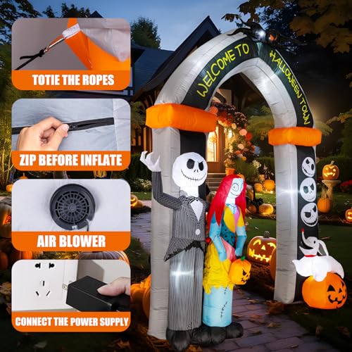 Halloween Inflatable Skeleton Archway with Pumpkin and LED Lights - 10FT Outdoor Decor - Variation: Skeleton Dog & Arch