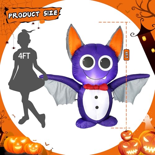 3.9FT Purple Bat Inflatable Halloween Decor with LED Lights Indoor Outdoor Yard
