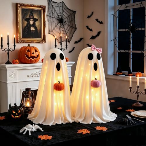 Lighted Ghost Halloween Decorations - Indoor Spooky Spirit Pair with Pumpkins